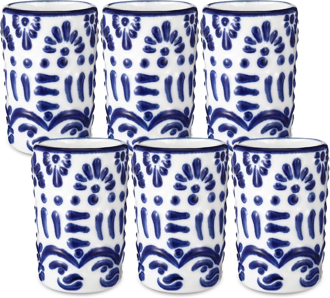 Roshtia 6 Pcs Mexican Tequila Shot Glasses Set 2 oz Talavera Shot Glasses Handmade Ceramic Cups with White Decoration Mexican Pottery Gift Mugs for Tequila Lover Bachelorette Party(Blue)