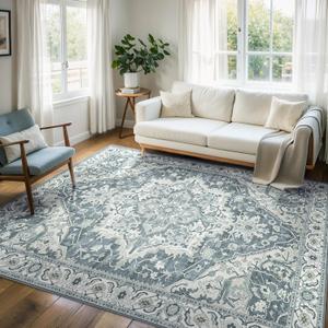 Deerly Boho Tribal Area Rug 5x7 Vintage Rug Bohemian Washable Large Living Room Rugs for Bedroom Non Slip Low Pile 5x7 Rug for Kitchen Entryway Bathroom Bedroom Dining Room Office, Canal Blue (5'x7')