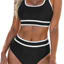 Blooming Jelly Womens High Waist Bikini Sets Sporty Color Block Two Piece Swimsuits Scoop Neck Cheeky Bathing Suits (Medium, Black)