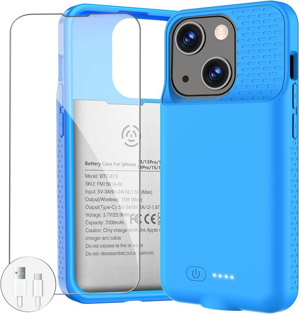 Battery Case for iPhone 13/13 Pro/14/14 Pro/15/15 Pro, Ultra-Slim Wireless Fast Charging Case Extend Rechargeable Anti-Fall Soft-TPU Charger Case for iPhone 13/13 Pro/14/14 Pro/15/15 Pro 6.1" (Blue)