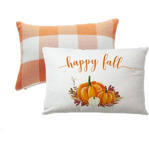 7COLORROOM Set of 2 Orange and White Buffalo Check Plaid Throw Pillow Covers Farmhouse Decor Happy Fall Harvest Pumpkin Rectangular/Waist Cushion Cover Thanksgiving Autumn Home Pillowcases 12" x 20"