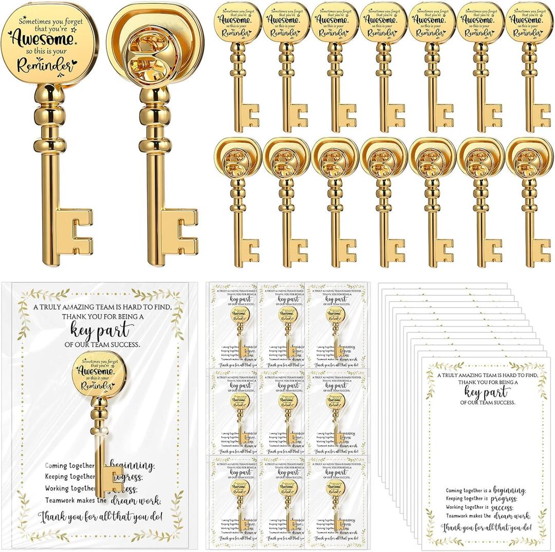 20 Sets Employee Appreciation Gifts Bulk Key Shape Lapel Pins Inspirational Cards Organza Bags for Team Appreciation Building Recognition Gifts for Office Team Employee Teacher (Awesome)