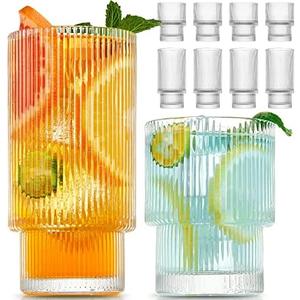 Small 7  Pack Drinking Glasses, 4pcs Highball Glasses (11oz) & 3pcs Rocks Glasses (6oz), Vintage Glass Cups, Elegant Ribbed Glassware, Iced Coffee Glasses, Glass Tumbler for Cocktail, Whiskey, Juice