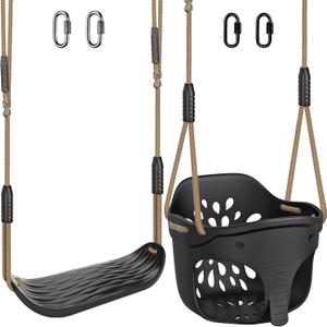 Dolibest Heavy Duty High Back Full Bucket Toddler Swing Set with Adjustable Rope & Locking Carabiners High Back Bucket Seat and Non-Slip U-Shape Swing seat for Indoor/Outdoor Backyard Play -Black