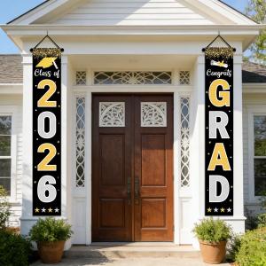 4 x 2026 Graduation Decorations Black Gold Congrats Grad Porch Banner Graduation Door Banner Class of 2026 GRAD Graduation Banner Sign for 2026 Graduation Party Decorations
