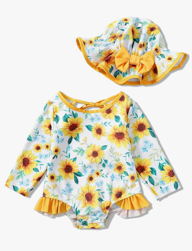 SUNNY PIGGY Baby Girls One Piece Swimsuit Long Sleeve Floral Bathing Suit+Hat 2Pcs 12-18 M