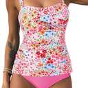 ZAFUL Tankini Swimsuits for Women Tummy Control High Waisted Twist Front Ruched Two Piece Bathing Suit (Medium, 0-Pink Floral)