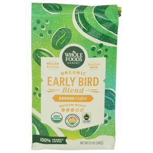 Whole Foods Market, Organic Early Bird Blend, Medium Roast Ground Coffee, Cocoa & Roasted Nuts, 12 Ounce