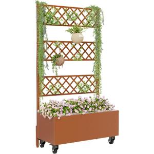 Kinchox Metal Raised Garden Bed with Trellis Outdoor Metal Planter Box with Planting Pockets Garden Box for Climbing Plants Privacy Planters for Patio