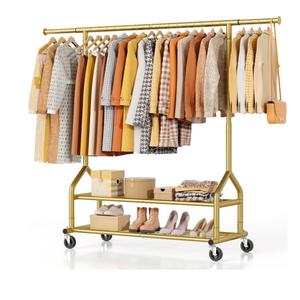Heavy Duty Clothes Rack Load 556 LBS, Rolling Clothing Rack With Shelves, Height Adjustable Metal Clothes Hanger with Wheels Portable Wardrobe Organizer Garment Rod for Hanging Clothes (Gold)