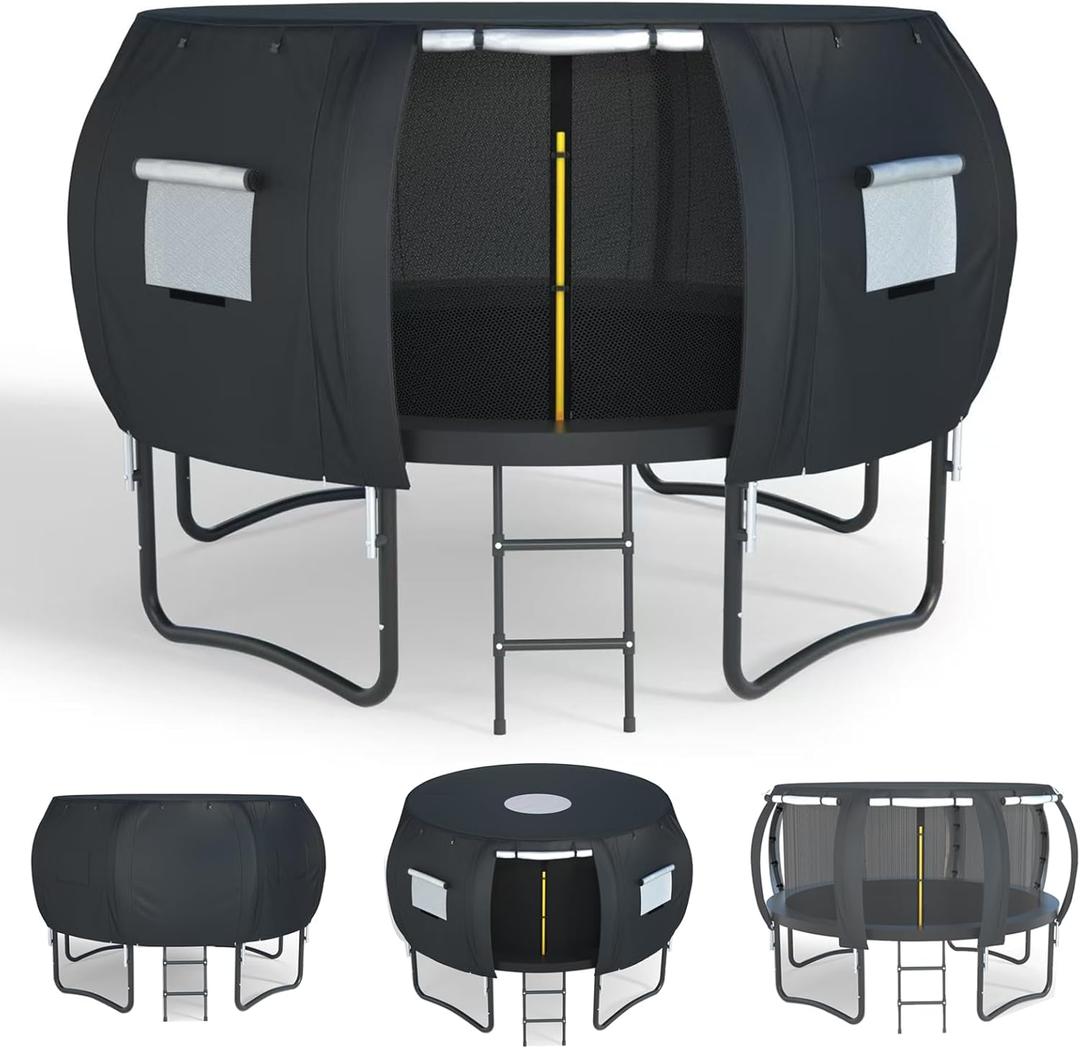 XCZ trampoline cover, trampoline tent, with ventilation Windows, open design. Suitable for 14tf eight-bar circular trampolines, waterproof/sunshade/storage protection (14FT (suitable for 8 curved poles), black)