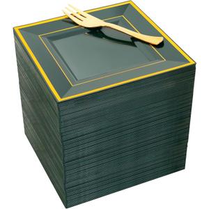 WDF 200PCS Green and Gold Plastic Dessert Plates with Plastic Forks -6 100 Square Disposable Appetizer Plates Small Plates Cake Plates with Gold&100 Green Small Appetizer Forks for St. Patrick's Day