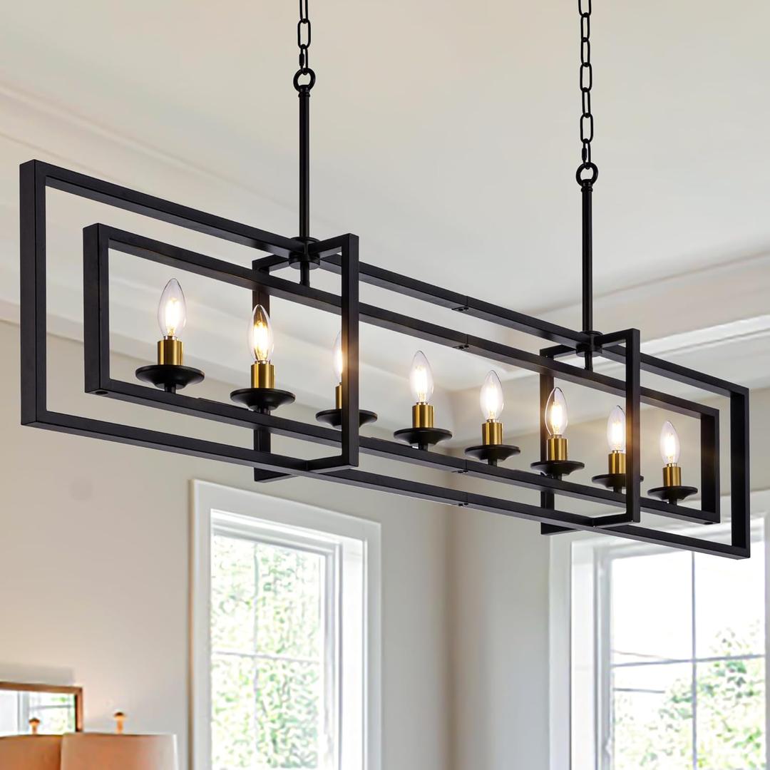 Wellmet Black Gold Modern Chandelier, Rectangle Industrial Pendant Light, 8-Light Farmhouse Rustic Chandelier for Dining Room, Kitchen Island, Living Room, Foyer, Hallway