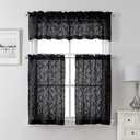 Lecloud Leia 2 PCS Black Sheer Kitchen Curtains 36 Inch Length, Airy & Breathable Clip Textured Leaf Cafe Living Room Voile Curtain Tiers, Dual Rod Pockets Jacquard Bathroom Bedroom Drapes, 38W x 36L