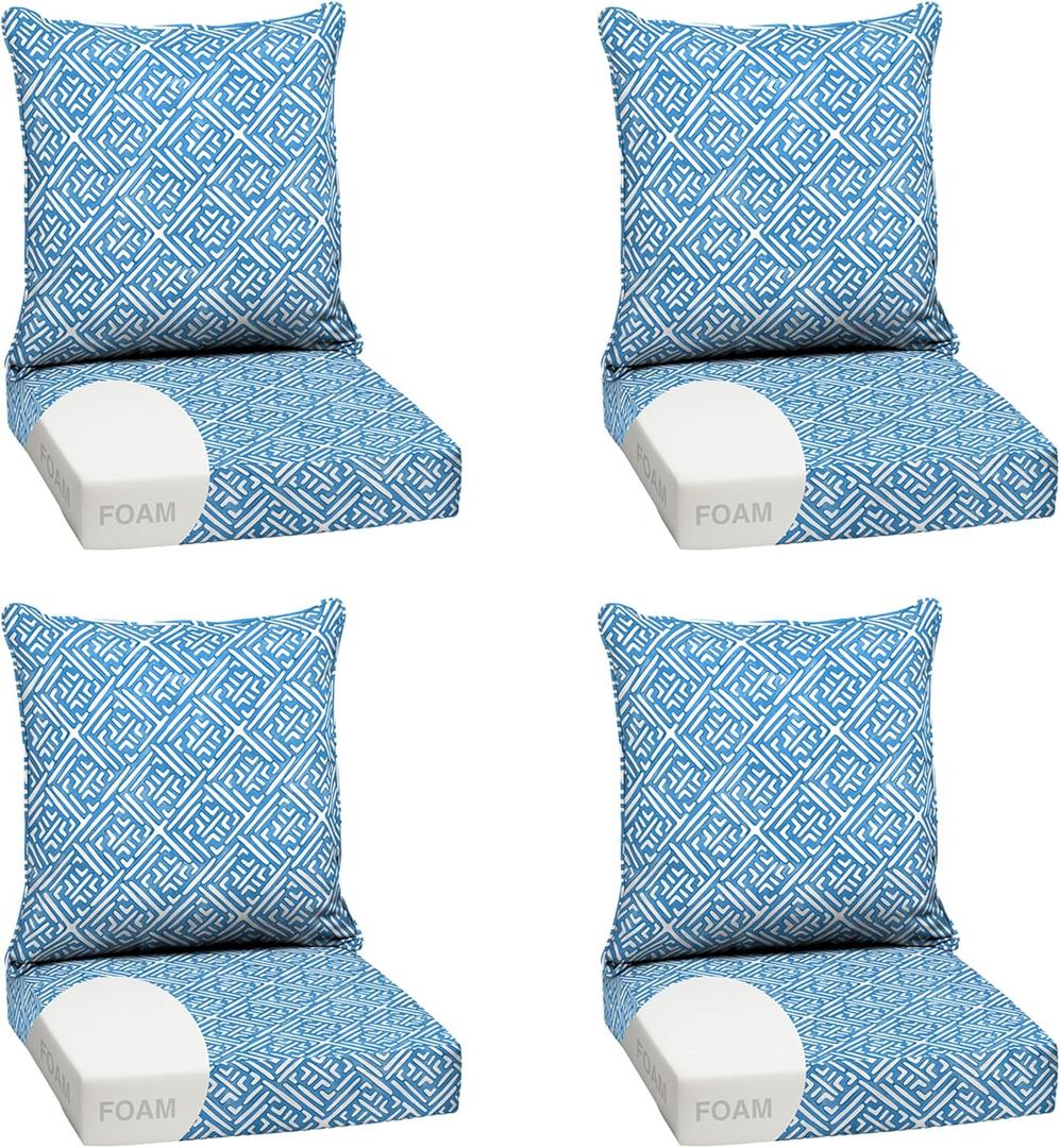 Arden Outdoor Foam Deep Seat Cushion Set, 4-Pack, 24x24, Premium High-Density Foam, Never Flattens, Weather-Proof for Patio Chair Sofa Couch, Amalfi Blue Tile