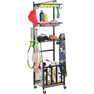 PLKOW Sports Equipment Storage for Garage, Indoor/Outdoor Sports Rack for Garage, Ball Storage Garage Organizer with Basket and Hooks,Toy/Sports Gear Storage (Black, 17.2"L x 12.6"W x 59"H)