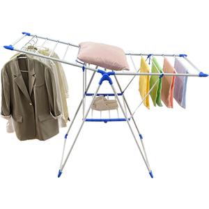 Clothes Drying Rack, Foldable 2-Tier Drying Racks for Laundry, Large Foldable Laundry Stand with Height-Adjustable Gullwings, for Clothes, Towels, Linens, Indoor/Outdoor, BlueWhite 58“