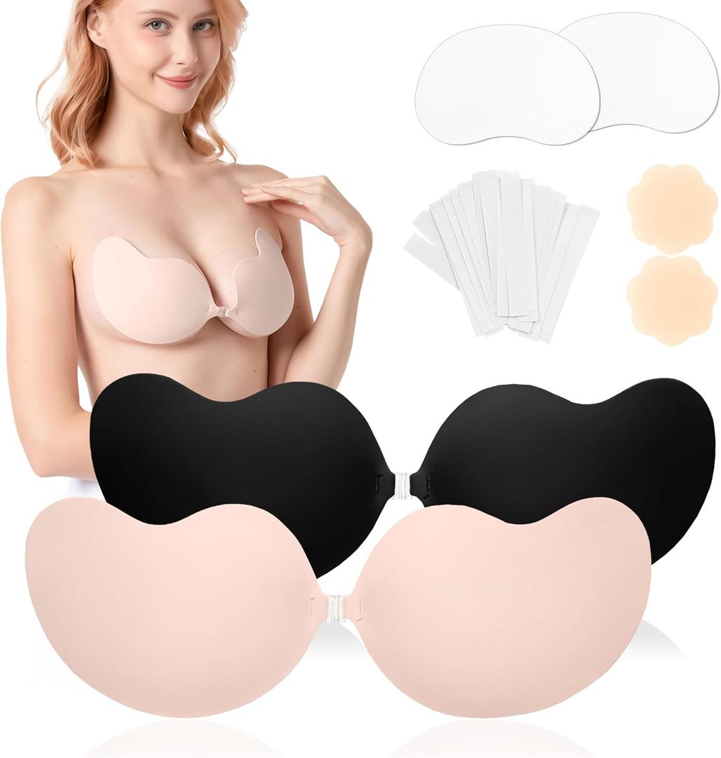 Awant Strapless Backless Sticky Push Up Bra Invisible Stick on Adhesive Bra for Women Reusable with Nipple Covers 2 Pairs D Cup Beige and Black