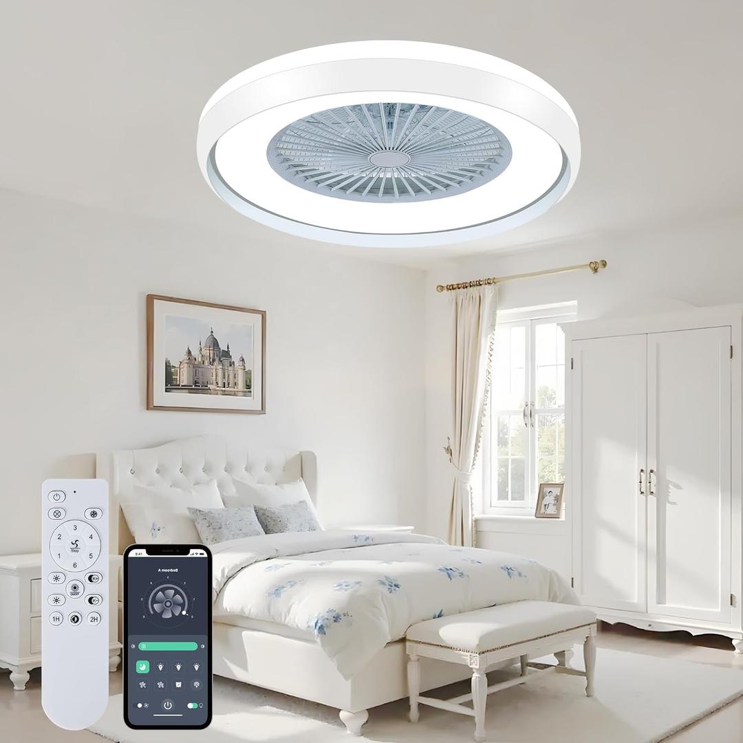 24" Bladeless Ceiling Fan with Light Remote, Low Profile Ceiling Fans with App Control, Smart Modern Ceiling Fans with Lights, 3 Dimmable LED Light for Bedroom, Living Room White