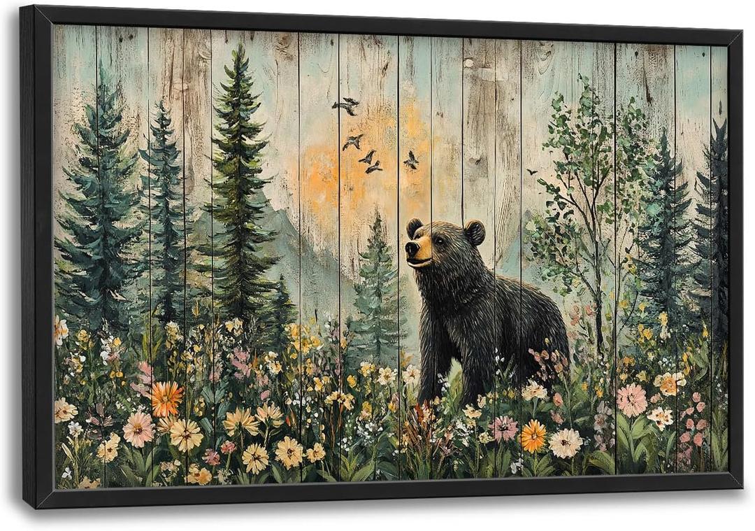 Large Farmhouse Bear Wall Art for Living Room, Forest Bear Wildlife Canvas Oversized Wall Decor, Rustic Wildflower Framed Pictures Painting Print Artwork for Bedroom Office 36" L x 24" W