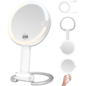 Portable Travel Makeup Mirror with Lights - 3 Color Dimmable Lighting, 360 Rotation, Rechargeable Double-Sided 1X/10X Magnifying Mirror, Adjustable Brightness for Tabletop, Home & On-the-Go Use (White)