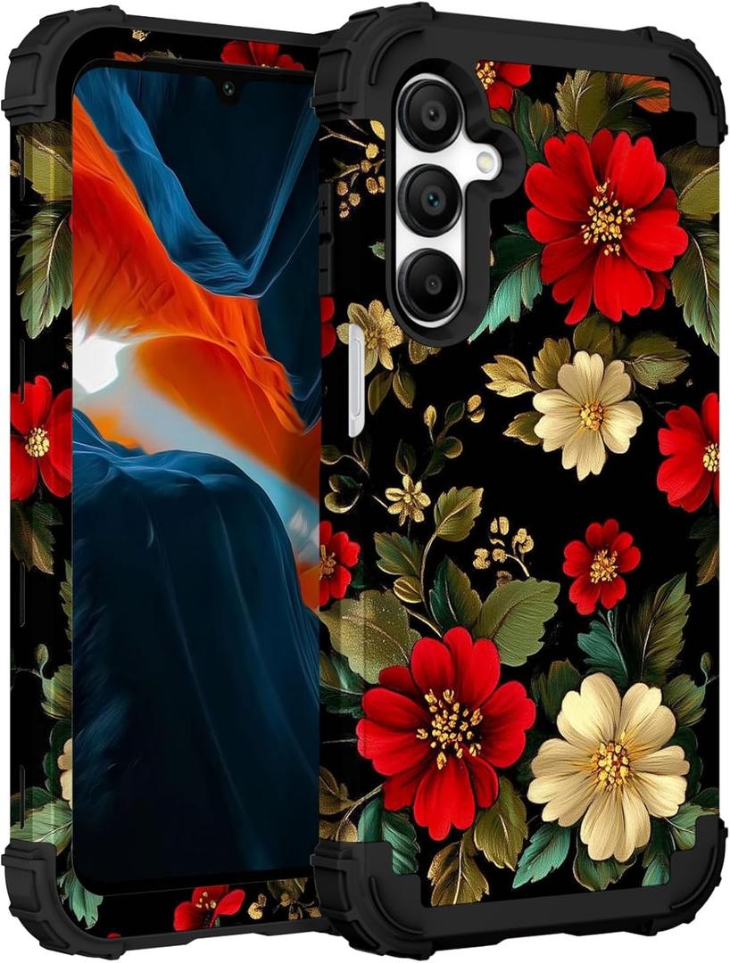 PIXIU Unique Flower Pattern Compatible with Samsung Galaxy A16 5G case, Heavy Duty Dual Layer Shockproof Full-Body Protective Sturdy Hybrid Cute Rugged Case for Women,Girls,Kids-Red Floral (A13)
