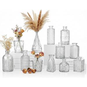 12 Pcs Clear Bud Vases Set, Small Vintage Glass Clear Bud Flower Vases Bulk Multiple Shape Cute Mini Glass Bottles Vases for Rustic Wedding Centerpieces Table Decorations and Home Decor