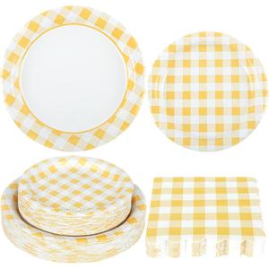 150Pcs Yellow Gingham Party Supplies Gingham Paper Plates and Napkins Checkered Plates Disposable Yellow and White Plaid Party Decor for Birthday Family Picnic BBQ,Serves 50 Guests