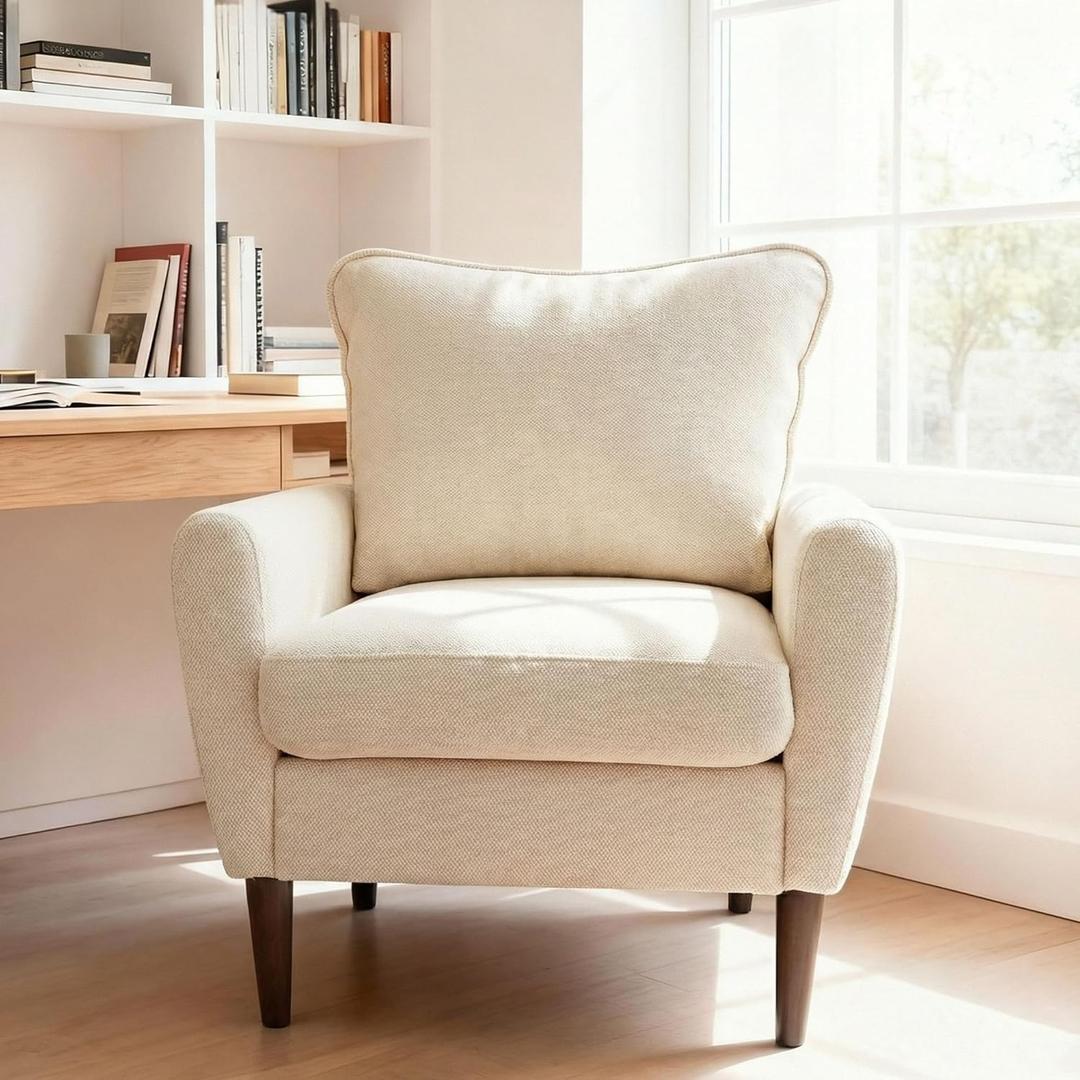 OLIXIS Comfy Accent Chair for Living Room Bedroom and Waiting Room, Upholstered Mid-Century Reading Chair with Pillow and Solid Wood Legs, Wide Singe Modern Lounge Sofa (Beige) (Ivory White)