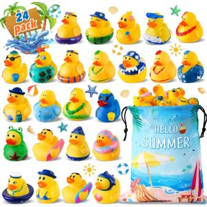24 Pcs Summer Rubber Ducks with a Bag, Ducks for Jeeps, Assorted Beach Toys for Duckies Games, Summer Prizes Holiday Party Favors, Pool Water Bath Cruise Toys, Christmas Stocking Stuffers Gifts