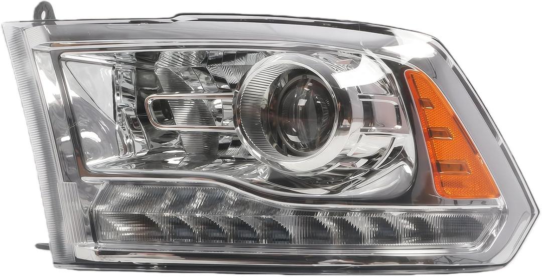 Nakkaa Driver Side Halogen Headlight Assembly Compatible with 2013-2015 Ram 1500 2500 3500 w/Bulb DRL Chrome Trim Projector Front Left Headlamp 68093217AD