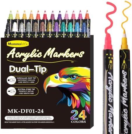 Pack Of 2 Mammakit‘s 24 Colors Dual Tip with Fine and Dot Tip Acrylic Paint Pens Markers, Premium Acrylic Paint Pens for Wood, Canvas, Stone, Rock Painting, Glass, Ceramic Surfaces, DIY Crafts Making Art
