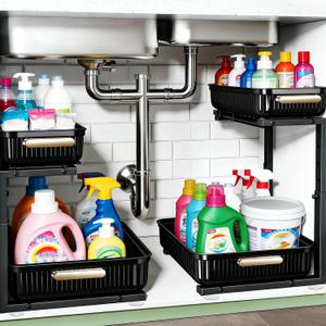 ARSTPEOE Under Sink Organizer - 2 Packs Multi-Purpose Pull-Out Storage Organizers, Slide out Pull out Metal Cabinet Organizer Shelf, Storage for Kitchen Bathroom, Black