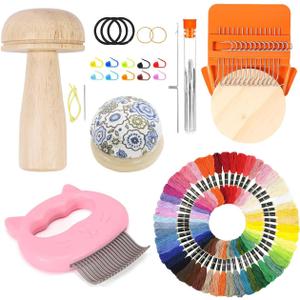 Knit Patch Kit PatchMaker 2.0, Portable Mushroom Darning Loom with 9 Pcs Large Eye Needles 50 Colors Thread for Holes Repair on Socks & Jeans, Weaving Tool Set for Quickly Sewing Repair (Orange)