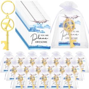 Landical 18 Sets Airplane Bottle Opener Keychains Flight Attendant Gifts with Inspirational Cards Travel Adventure Party Favor
