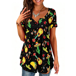 Roshop Tunics Women Button Up Henley V-Neck Loose Fit Cinco de Mayo Fiesta Print Shirt Tops L