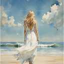 Beach Paint by Numbers Kit for Adults - DIY Woman in White Dress by The Sea Painting on Canvas, Acrylic Paint Set, Suitable for Beginners, Art for Home Decoration or Gifts(16X20IN Framed)