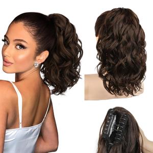 REECHO Ponytail Extension, 12" Claw Clip Ponytail Extension Short Ponytails Hair Extensions Jaw Clip on Pony Tails Natural Synthetic Hairpiece for Women Daily, Dark Chocolate Brown