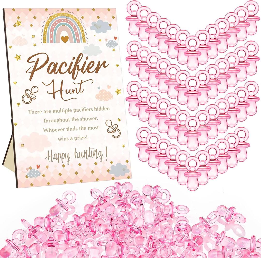 Thyle 51 Pcs Pacifier Hunt Boho Baby Shower Games Include Pacifier Hunt Sign and 50 Acrylic Pacifiers Mini Pacifiers for Rainbow Theme Baby Shower Game Decoration Gift Sets Gender Reveal Party Decor