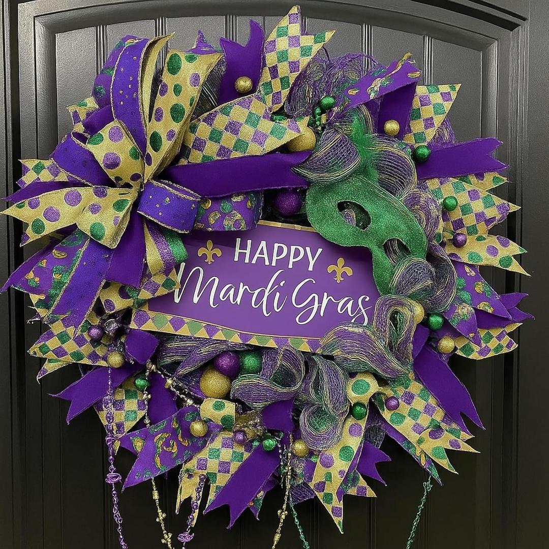 Mardi Gras Wreaths 16 Inch Glitter Mardi Gras Wreath for Front Door Purple Green and Gold Mesh Decorations for Carnival Party Wall Home Window Porch Holiday Indoor Outdoor Decor