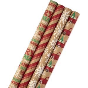 Hallmark Christmas Wrapping Paper Bundle with Cut Lines on Reverse, Kraft (Pack of 4, 88 sq. ft. ttl) Red Trucks, Snowflakes, Stripes, Merry Christmas (5JXW1038), 4 roll