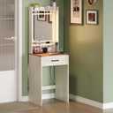 Small Farmhouse Makeup Vanity Desk with 3 Adjustable Lighted Mirror Narrow Vanity Table for Small Space (Antique White)