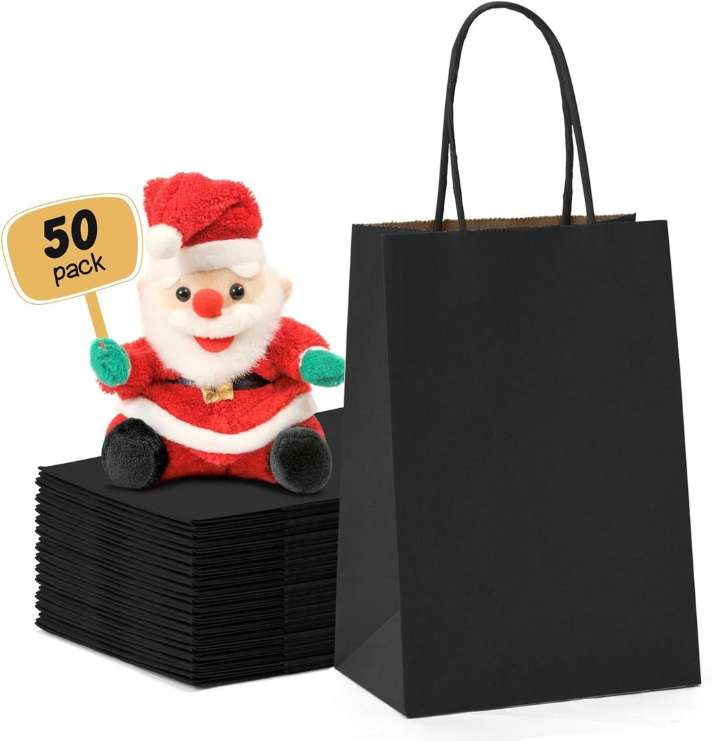 METRONIC Small Black Paper Bags 5.25x3.75x8 50 Pack, Kraft Bulk Gift Bag with Handles Recycled for Birthday Party Favors, Retail Shopping Goody Grocery Business
