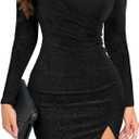 oten Women's Sparkly Deep V Neck Long Sleeve Ruched Bodycon Slit Cocktail Party Club Night Out Slim Fit Glitter Dresses (Medium, Black)