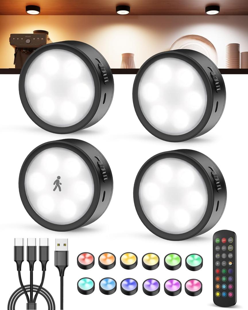 Radar Motion Sensor Puck Lights with Remote, 2400mAh RGB Rechargeable Wireless Under Cabinet Lighting for Kitchen, Magnet Stick on LED Closet Lights, Cordless Push Light for Counter, Stairs