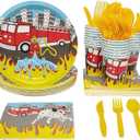 BLUE PANDA - Firetruck Birthday Party Decorations, Paper Plates, Napkins, Cups and Plastic Cutlery (Serves 24, 144 Pieces) - Fire Truck Plates - Fire Truck - Party Decoration - Birthday Supplies