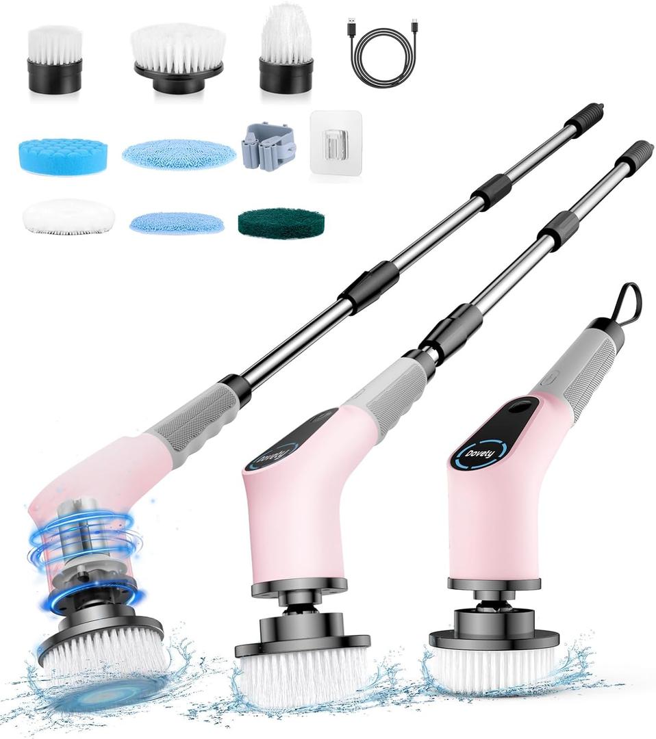Dovety Electric Spin Scrubber, Cordless Cleaning Brush, Shower Scrubber with 8 Replaceable Brush Head, Power Cleaning Brush with Extension Handle, 2 Adjustable Speed, for Bathtub Tile Floor (Pink)
