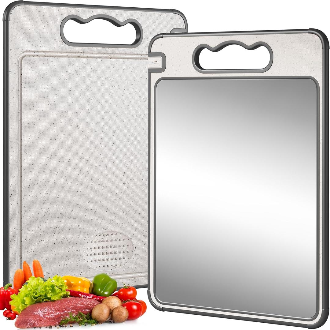 Double Sided Titanium & Wheat Straw Cutting Board, 14.4"*9.8" Non Toxic Lightweight Chopping Board, Separately Handle Meat and Vegetables, Dishwasher Safe (Gray)
