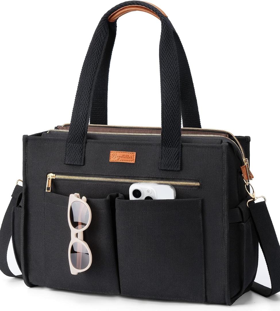 Canvas Tote Bag for Women, 15-Pockets Work Laptop Tote Purse Large Crossbody Nurse Teacher Bible Bag for School Travel Daily | with Strap & Zipper, Multi Compartment, Stand Upright Stably, College Shoulder Bag, Clinical Nursing Bag, Mothers Day Gifts