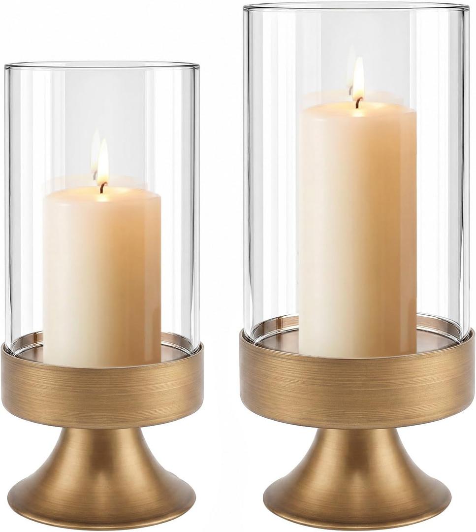 Gold Hurricane Candle Holder with Glass Cylinder Metal Pedestal Candlestick | Decorative Candle Holder for Pillar Candles Elegant Centerpiece for Dining Table Wedding Fireplace Mantel Living Room Home